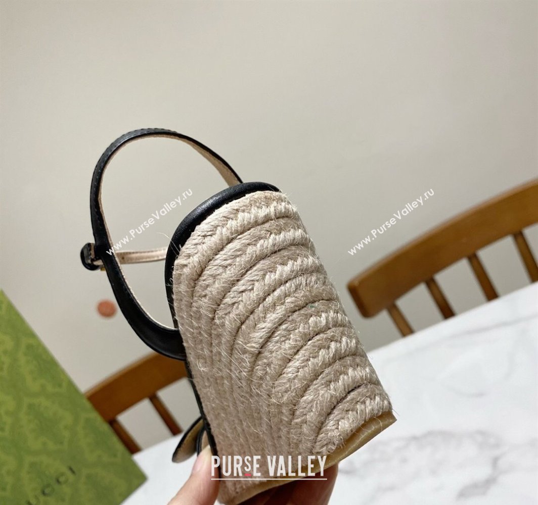 Gucci Wave Leather Wedge Espadrille Sandals 10cm Black 2025 GG042304 (SS-250423132)