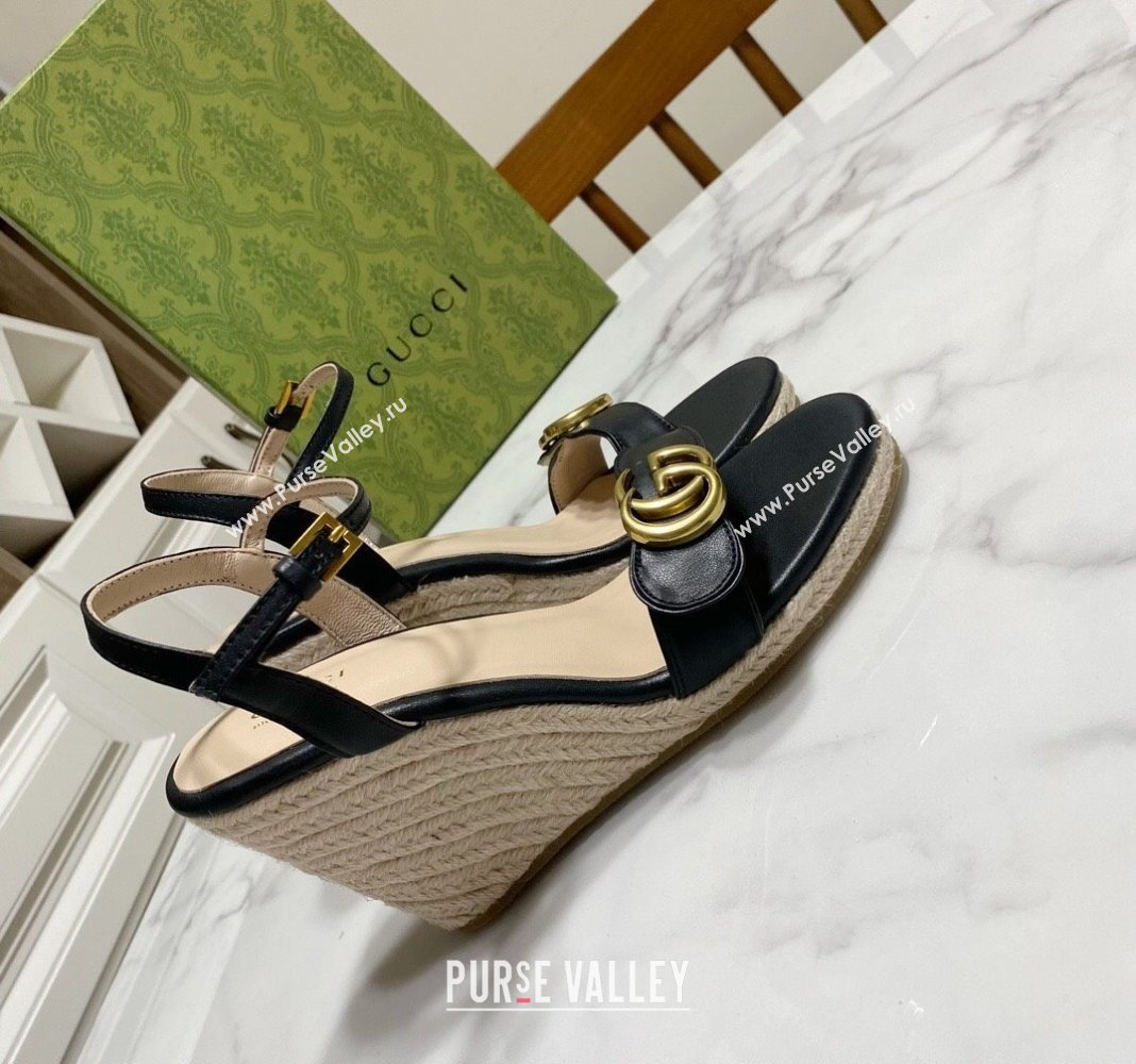 Gucci Wave Leather Wedge Espadrille Sandals 10cm Black 2025 GG042304 (SS-250423132)