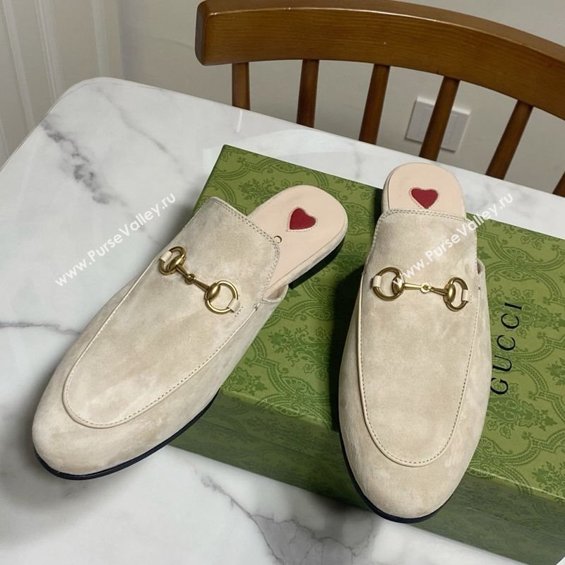 Gucci Princetown Suede Flat Slippers Pale Grey 2025 557730 (SS-250423133)