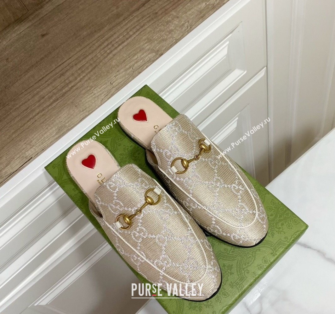 Gucci Princetown GG Embroidered Canvas Flat Slippers Light Gold 2025 557730 (SS-250423149)