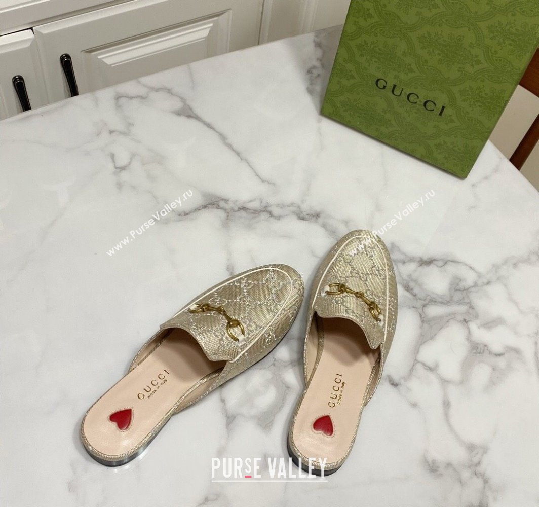 Gucci Princetown GG Embroidered Canvas Flat Slippers Light Gold 2025 557730 (SS-250423149)