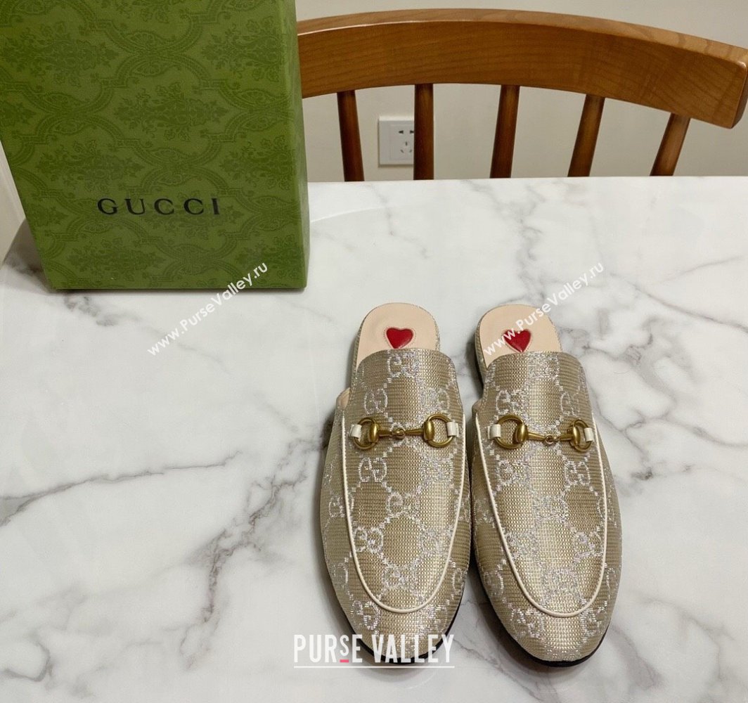 Gucci Princetown GG Embroidered Canvas Flat Slippers Light Gold 2025 557730 (SS-250423149)