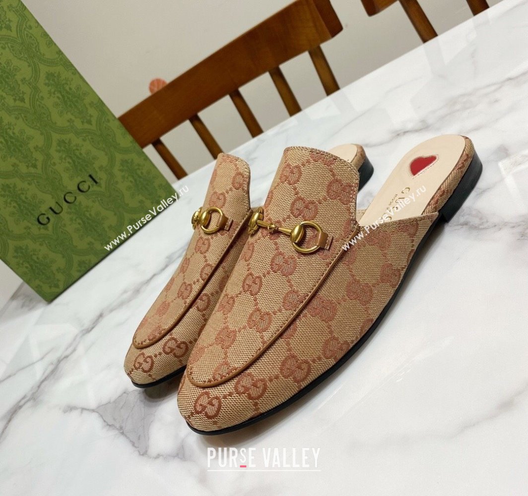Gucci Princetown GG Embroidered Canvas Flat Slippers Camel 2025 557730 (SS-250423152)