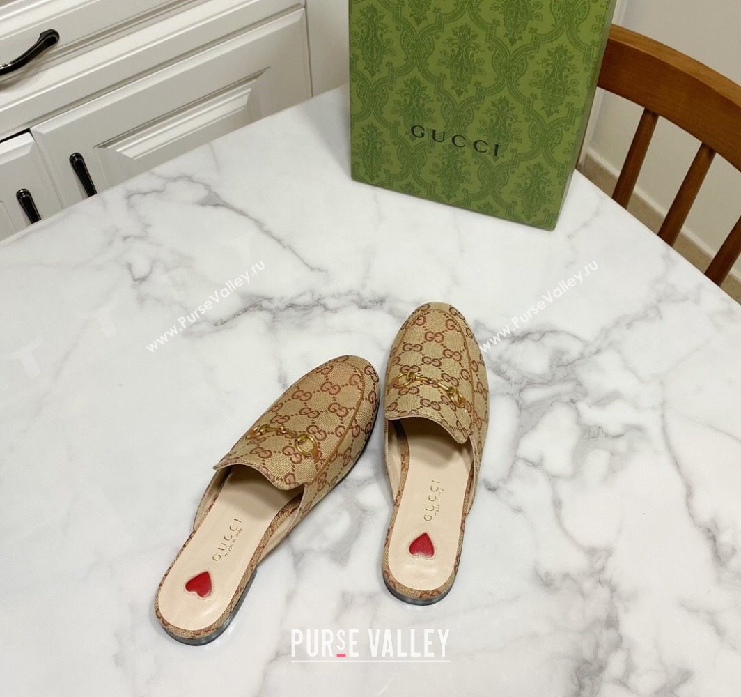Gucci Princetown GG Embroidered Canvas Flat Slippers Camel 2025 557730 (SS-250423152)
