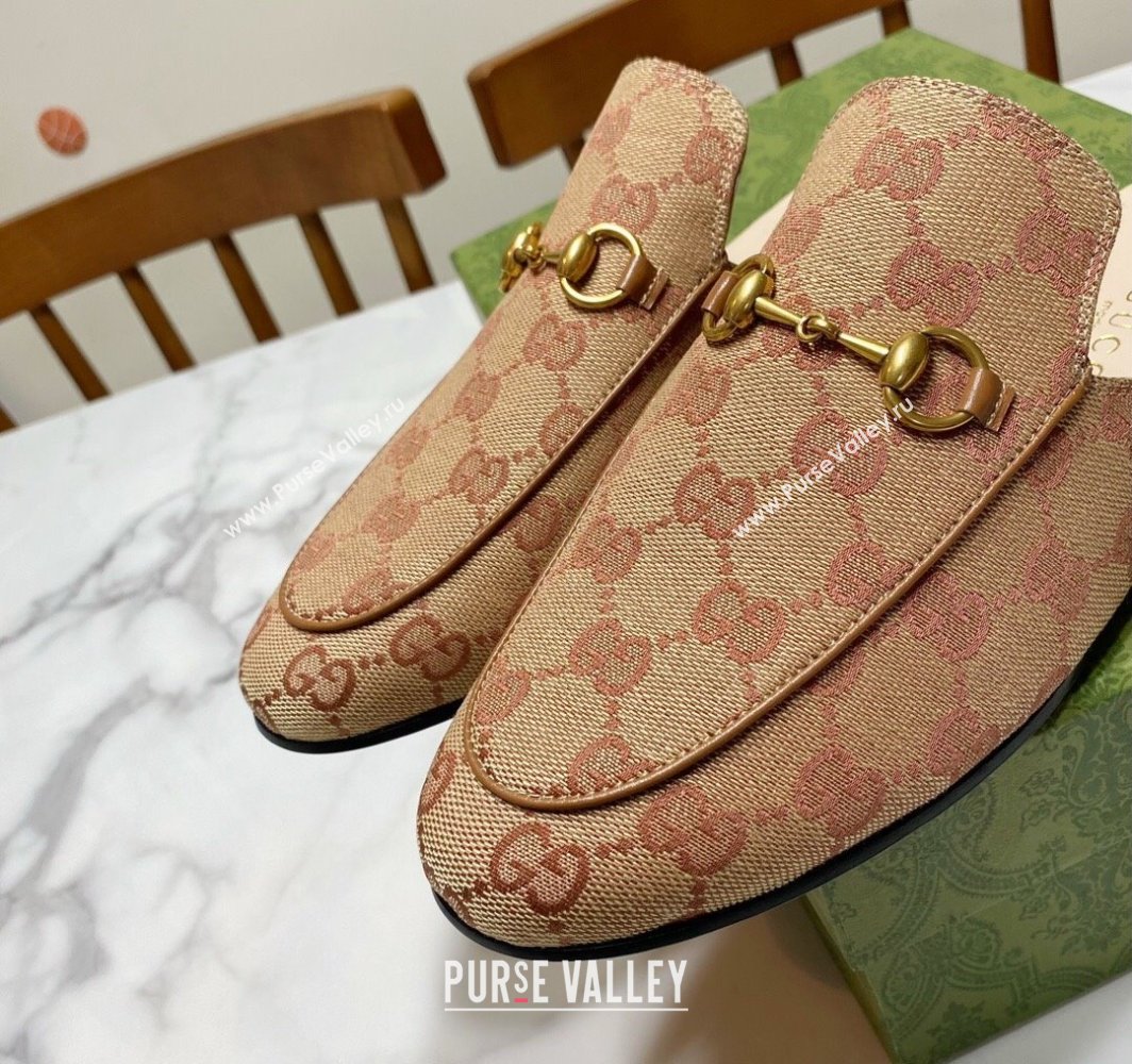 Gucci Princetown GG Embroidered Canvas Flat Slippers Camel 2025 557730 (SS-250423152)