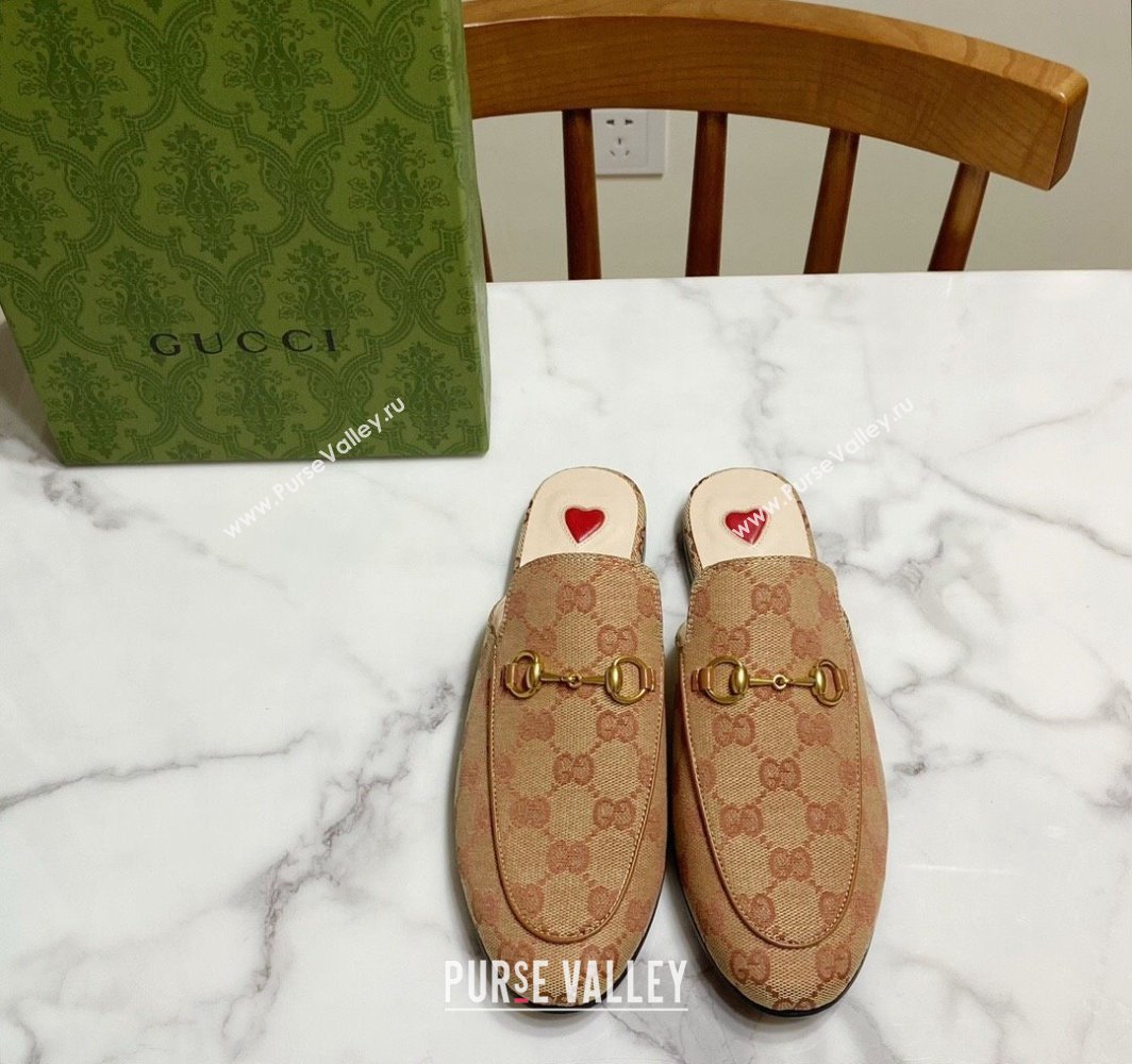 Gucci Princetown GG Embroidered Canvas Flat Slippers Camel 2025 557730 (SS-250423152)