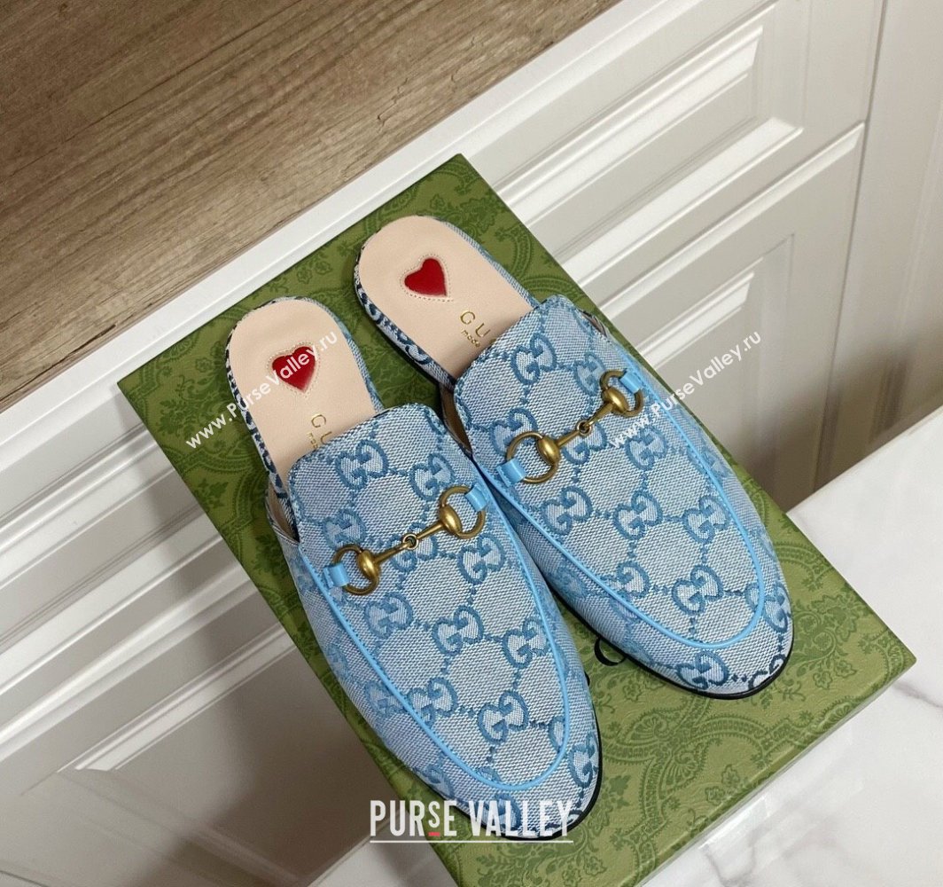 Gucci Princetown GG Embroidered Canvas Flat Slippers Light Blue 2025 557730 (SS-250423153)