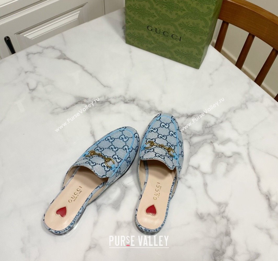 Gucci Princetown GG Embroidered Canvas Flat Slippers Light Blue 2025 557730 (SS-250423153)