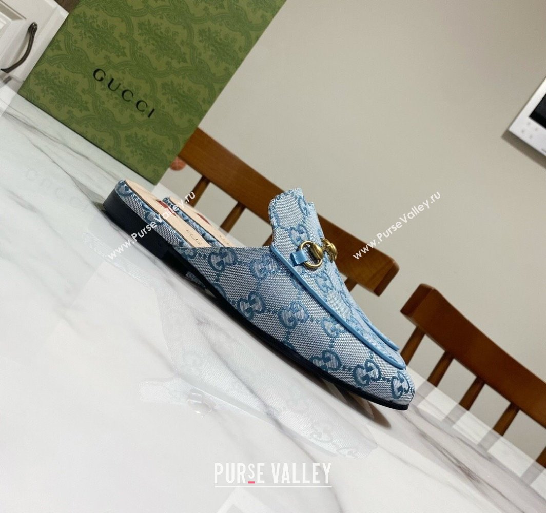 Gucci Princetown GG Embroidered Canvas Flat Slippers Light Blue 2025 557730 (SS-250423153)