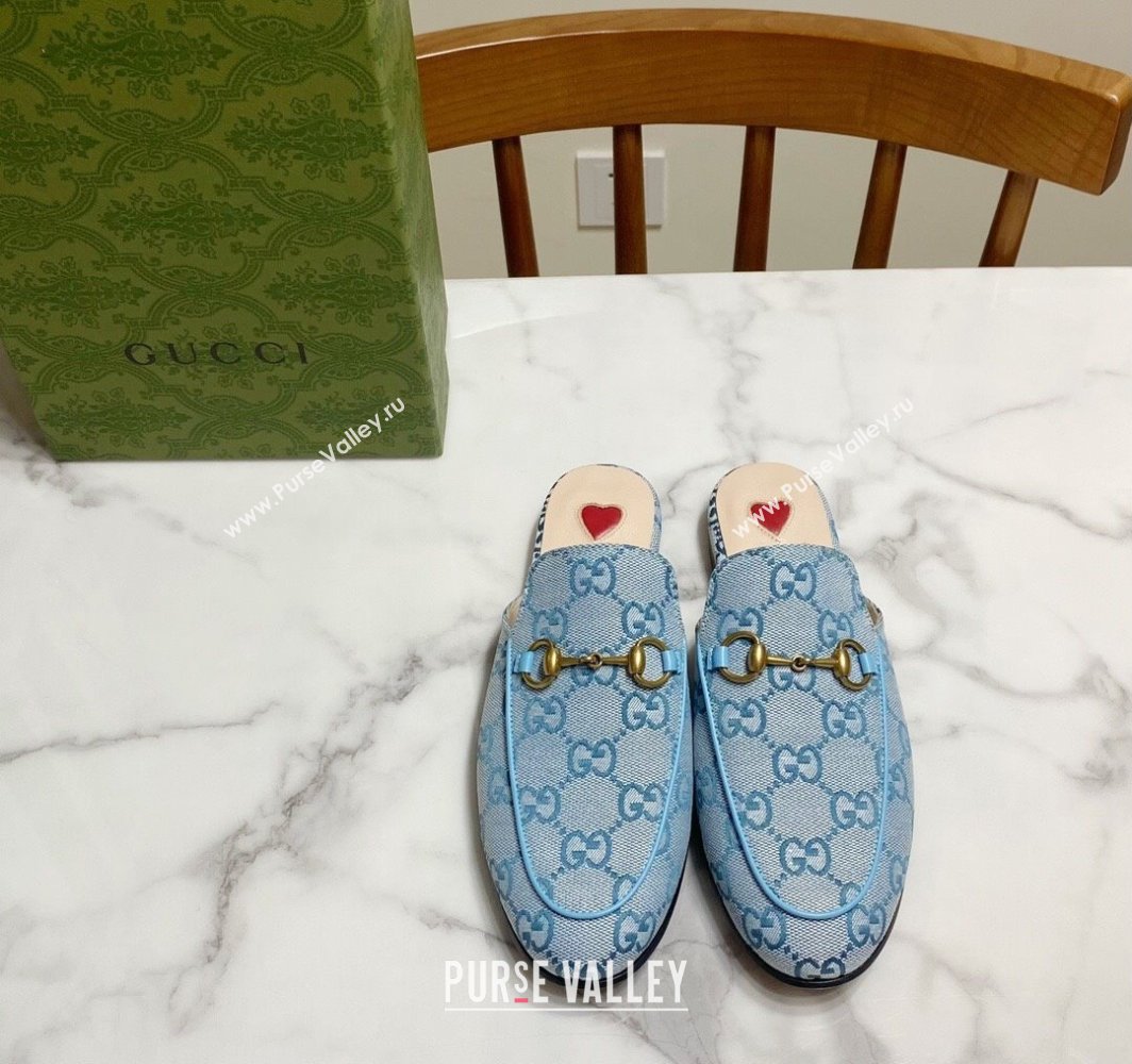 Gucci Princetown GG Embroidered Canvas Flat Slippers Light Blue 2025 557730 (SS-250423153)