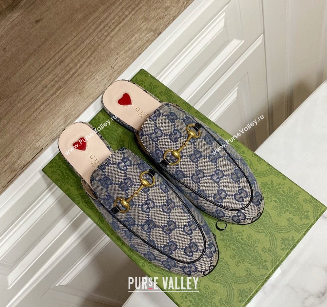 Gucci Princetown GG Embroidered Canvas Flat Slippers Grey/Blue 2025 557730 (SS-250423156)