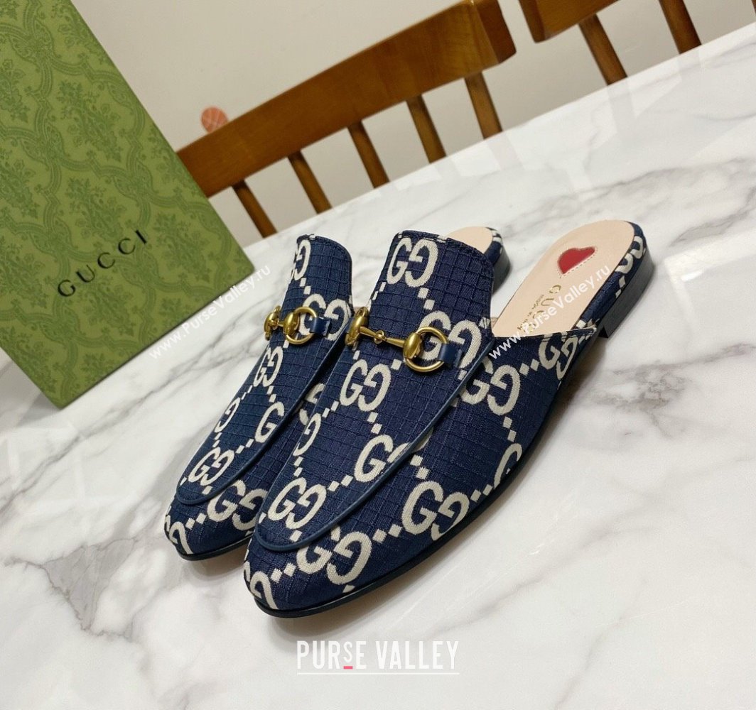 Gucci Princetown GG Check Fabric Flat Slippers Navy Blue 2025 557730 (SS-250423165)