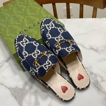 Gucci Princetown GG Check Fabric Flat Slippers Navy Blue 2025 557730 (SS-250423165)