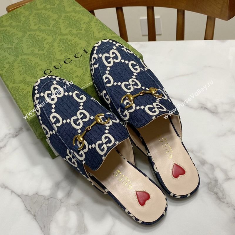 Gucci Princetown GG Check Fabric Flat Slippers Navy Blue 2025 557730 (SS-250423165)