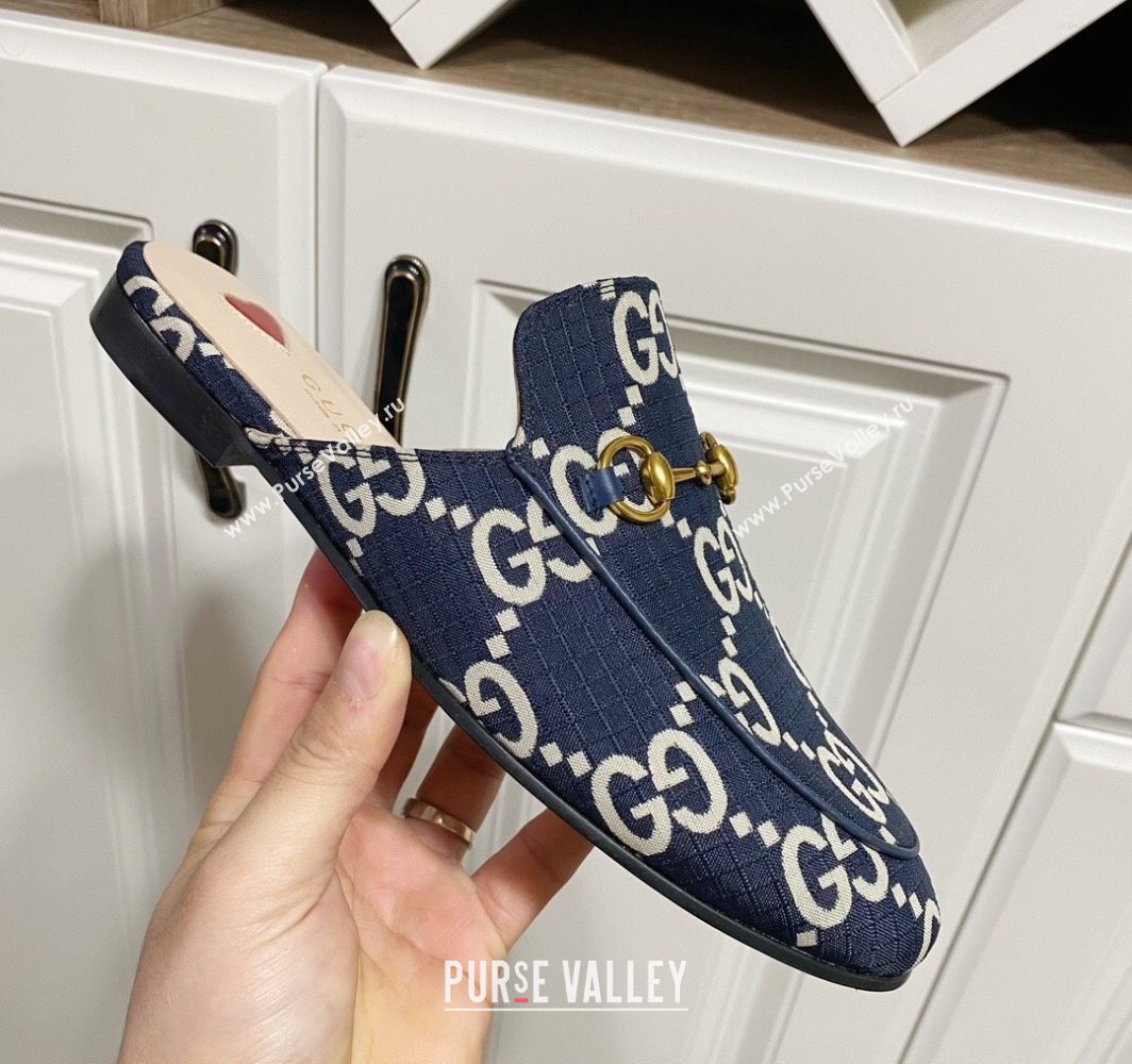 Gucci Princetown GG Check Fabric Flat Slippers Navy Blue 2025 557730 (SS-250423165)