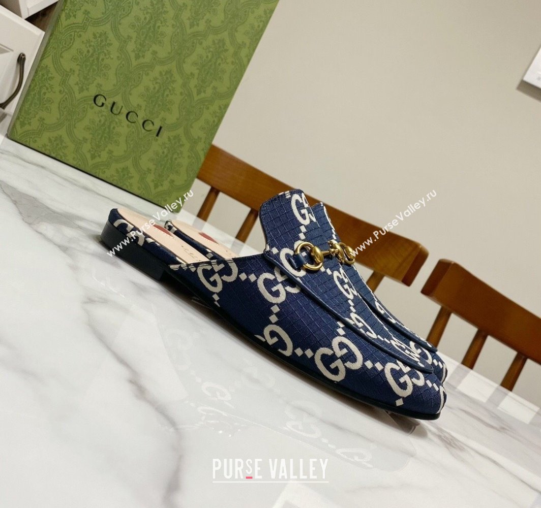 Gucci Princetown GG Check Fabric Flat Slippers Navy Blue 2025 557730 (SS-250423165)