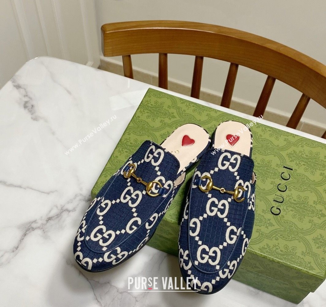 Gucci Princetown GG Check Fabric Flat Slippers Navy Blue 2025 557730 (SS-250423165)