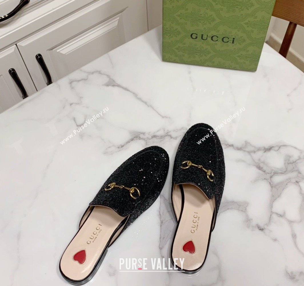Gucci Princetown Glitters Flat Slippers Black 2025 557730 (SS-250423167)