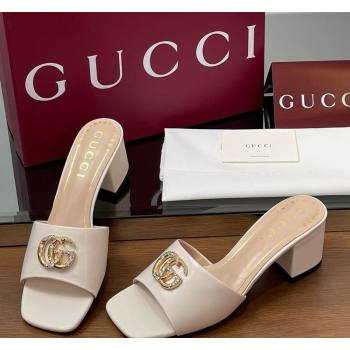 Gucci Leather Heel Slides Sandal 5.5cm with Strass Double G White 2025 817257 (MD-250423026)