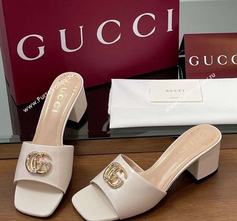 Gucci Leather Heel Slides Sandal 5.5cm with Strass Double G White 2025 817257 (MD-250423026)