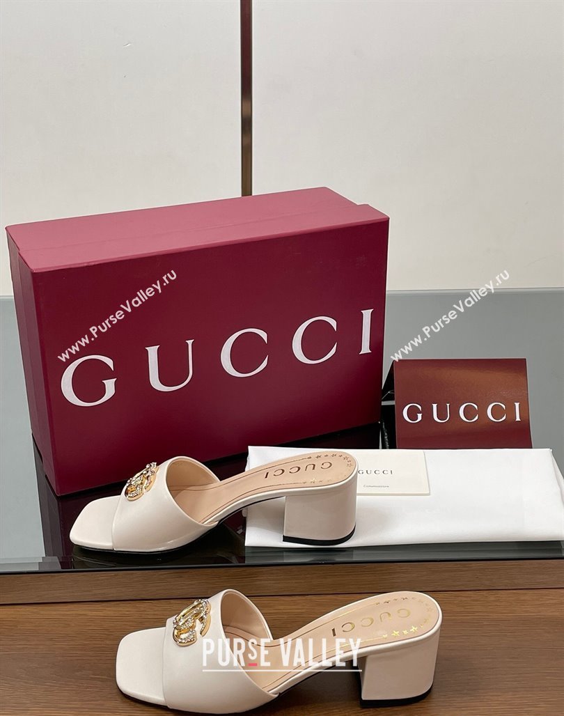 Gucci Leather Heel Slides Sandal 5.5cm with Strass Double G White 2025 817257 (MD-250423026)