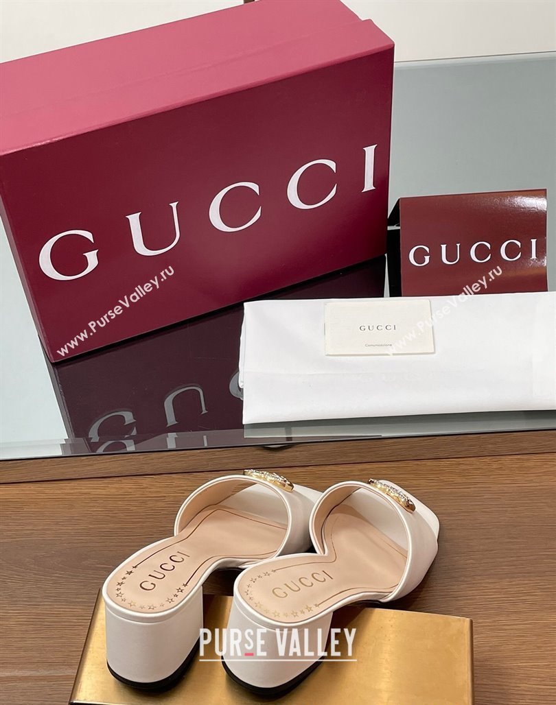 Gucci Leather Heel Slides Sandal 5.5cm with Strass Double G White 2025 817257 (MD-250423026)