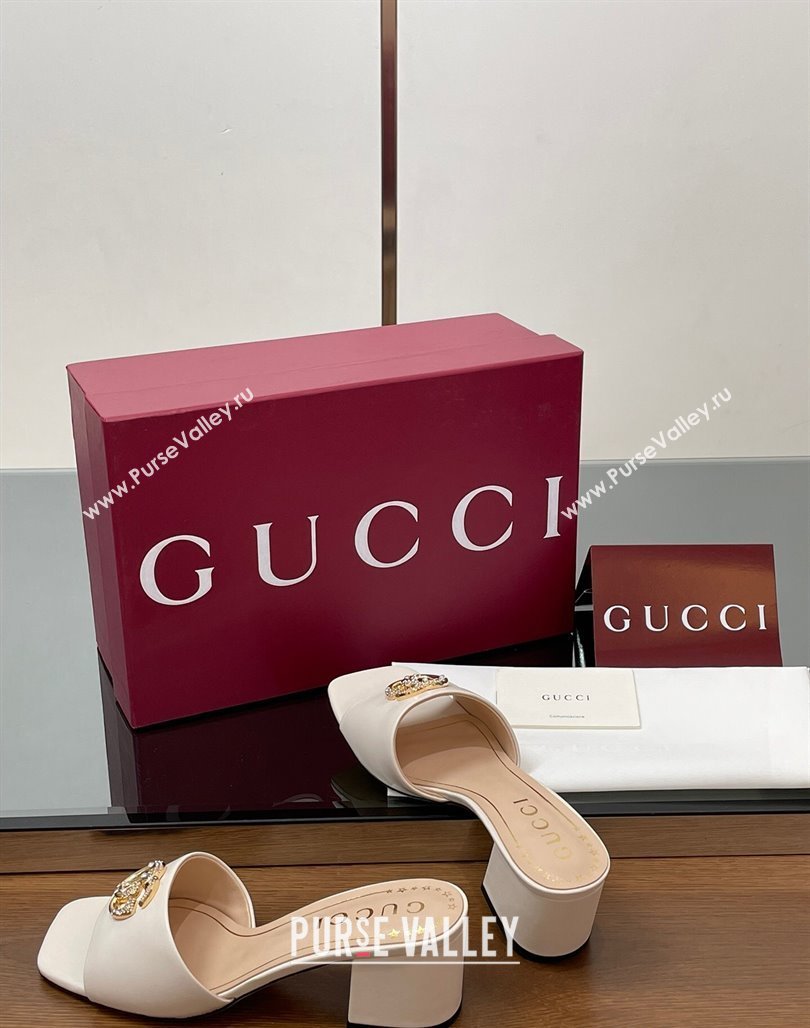 Gucci Leather Heel Slides Sandal 5.5cm with Strass Double G White 2025 817257 (MD-250423026)