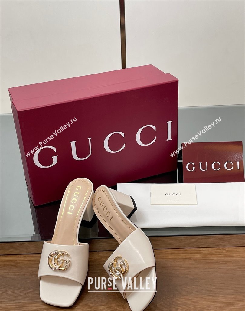 Gucci Leather Heel Slides Sandal 5.5cm with Strass Double G White 2025 817257 (MD-250423026)