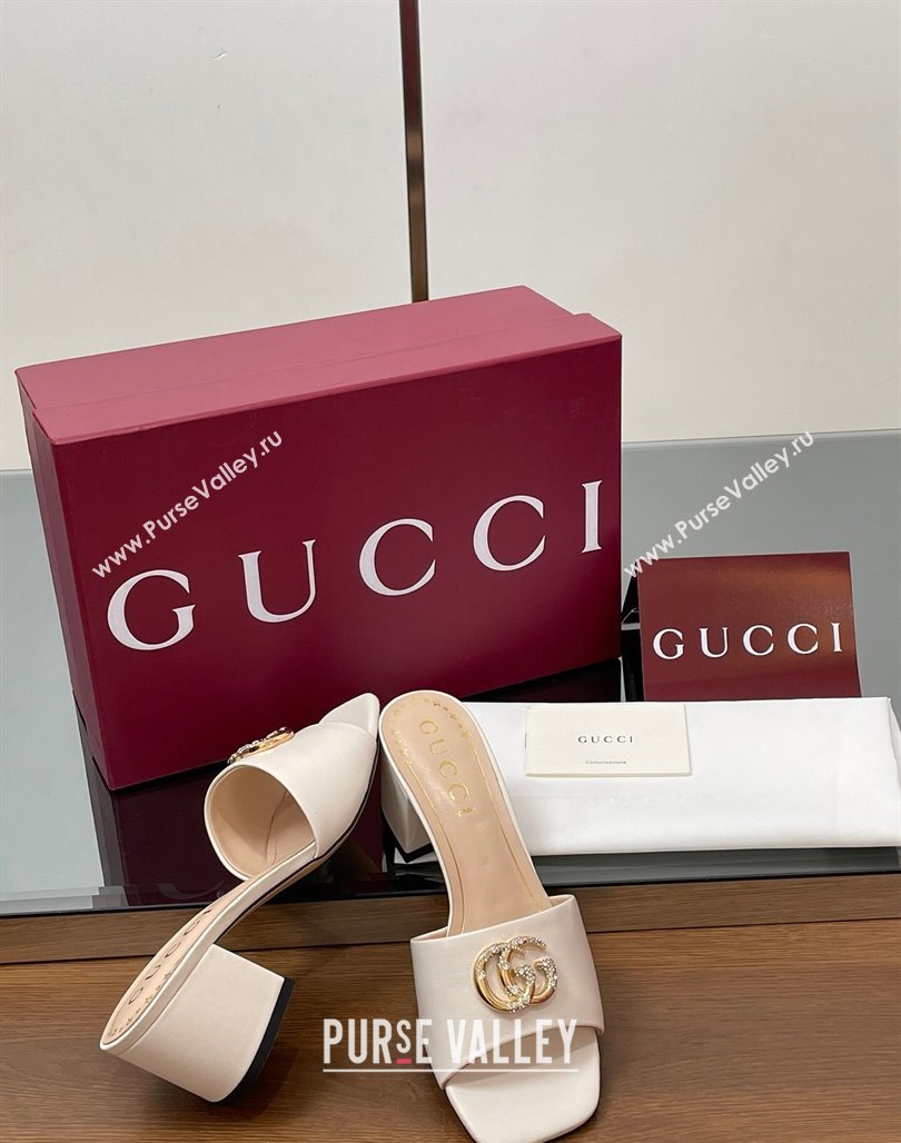 Gucci Leather Heel Slides Sandal 5.5cm with Strass Double G White 2025 817257 (MD-250423026)