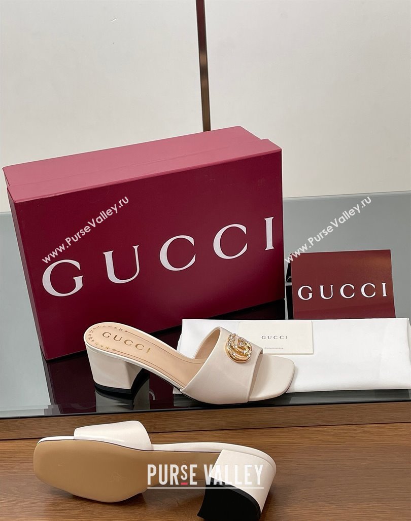 Gucci Leather Heel Slides Sandal 5.5cm with Strass Double G White 2025 817257 (MD-250423026)