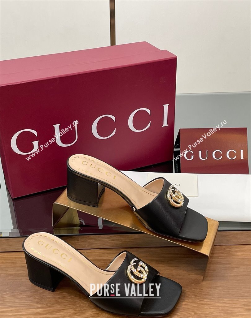 Gucci Leather Heel Slides Sandal 5.5cm with Strass Double G Black 2025 817257 (MD-250423027)