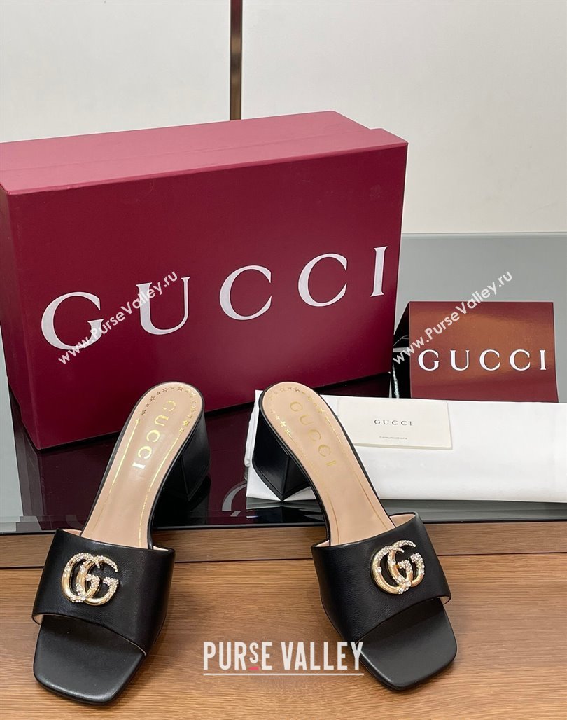 Gucci Leather Heel Slides Sandal 5.5cm with Strass Double G Black 2025 817257 (MD-250423027)