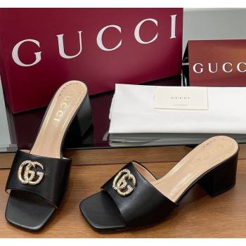 Gucci Leather Heel Slides Sandal 5.5cm with Strass Double G Black 2025 817257 (MD-250423027)