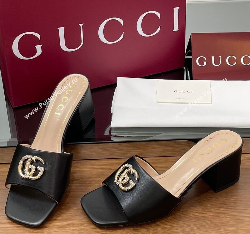 Gucci Leather Heel Slides Sandal 5.5cm with Strass Double G Black 2025 817257 (MD-250423027)