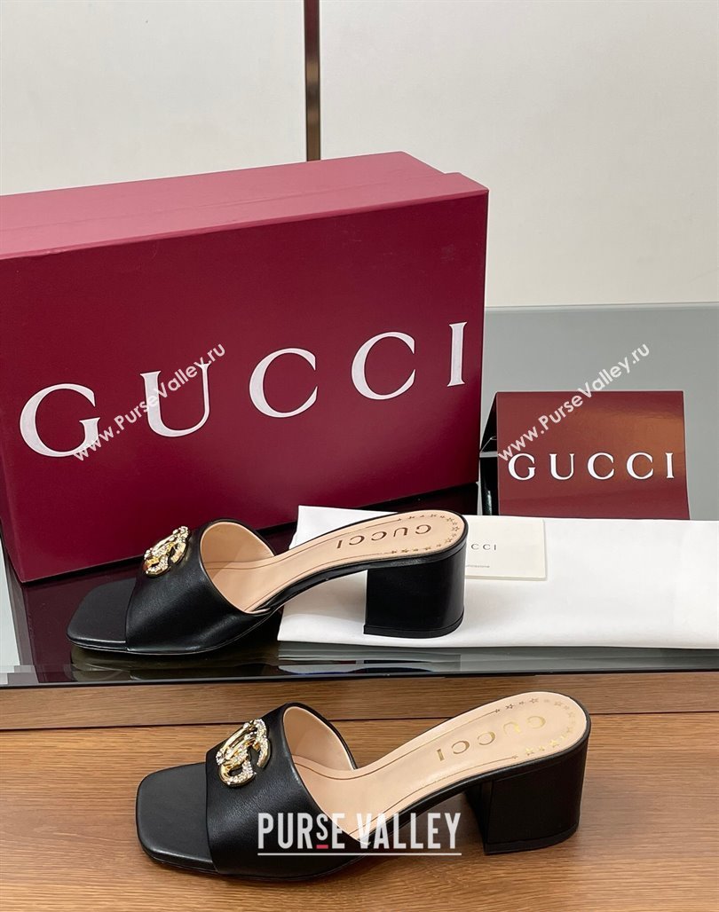 Gucci Leather Heel Slides Sandal 5.5cm with Strass Double G Black 2025 817257 (MD-250423027)