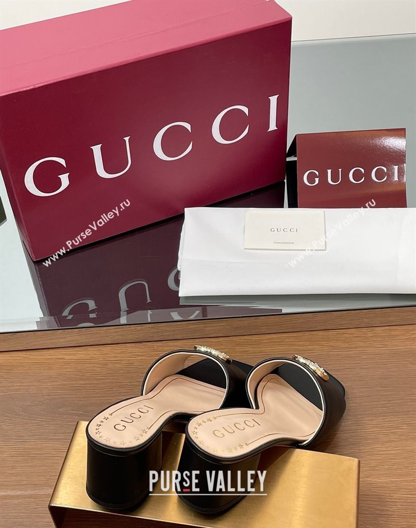 Gucci Leather Heel Slides Sandal 5.5cm with Strass Double G Black 2025 817257 (MD-250423027)