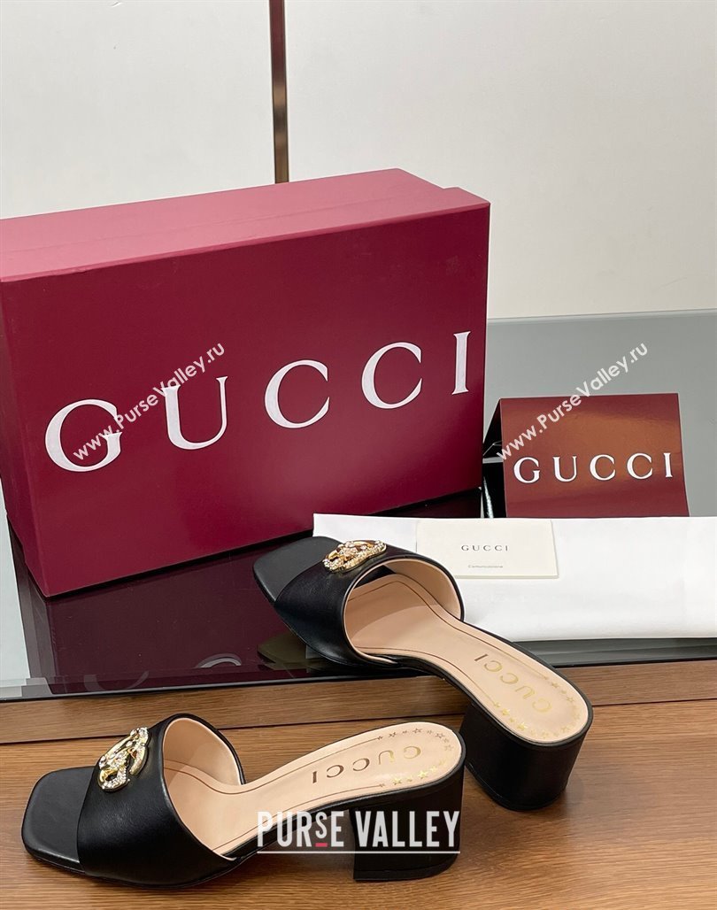 Gucci Leather Heel Slides Sandal 5.5cm with Strass Double G Black 2025 817257 (MD-250423027)