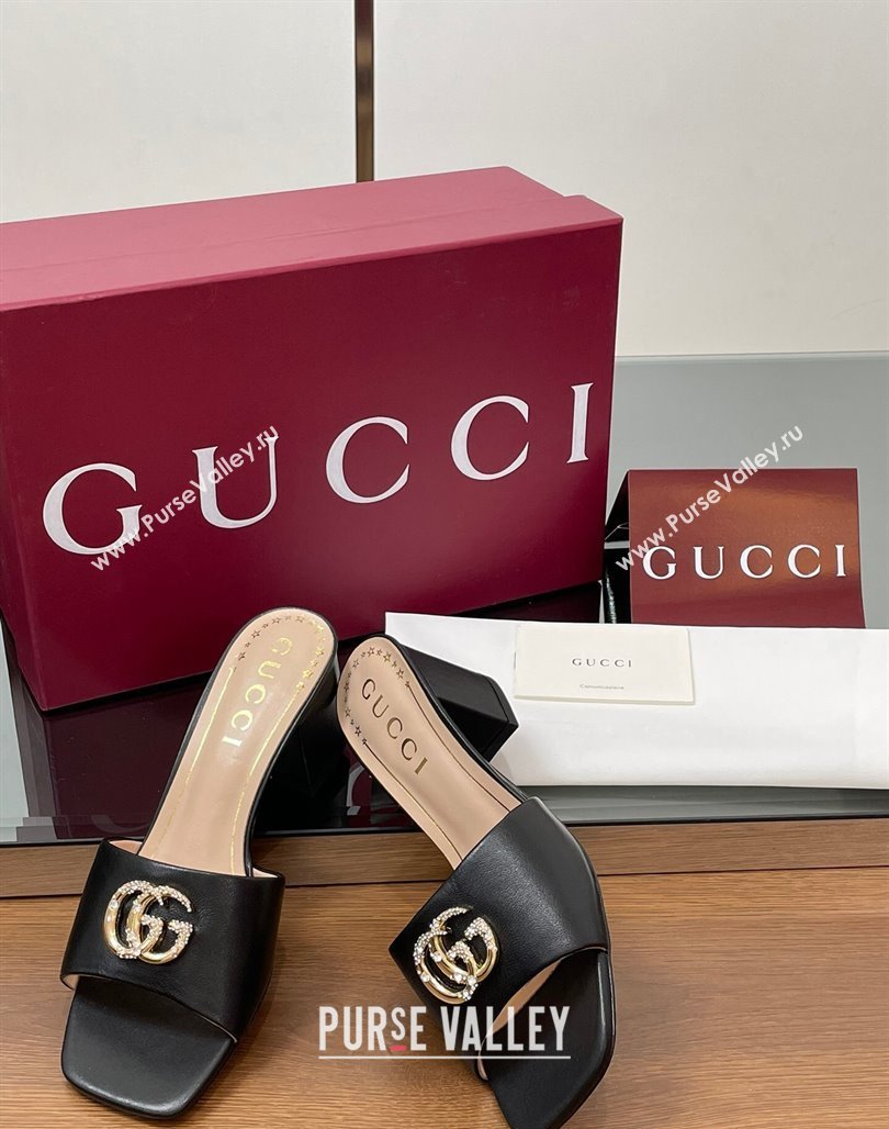 Gucci Leather Heel Slides Sandal 5.5cm with Strass Double G Black 2025 817257 (MD-250423027)