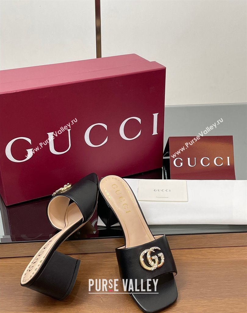 Gucci Leather Heel Slides Sandal 5.5cm with Strass Double G Black 2025 817257 (MD-250423027)