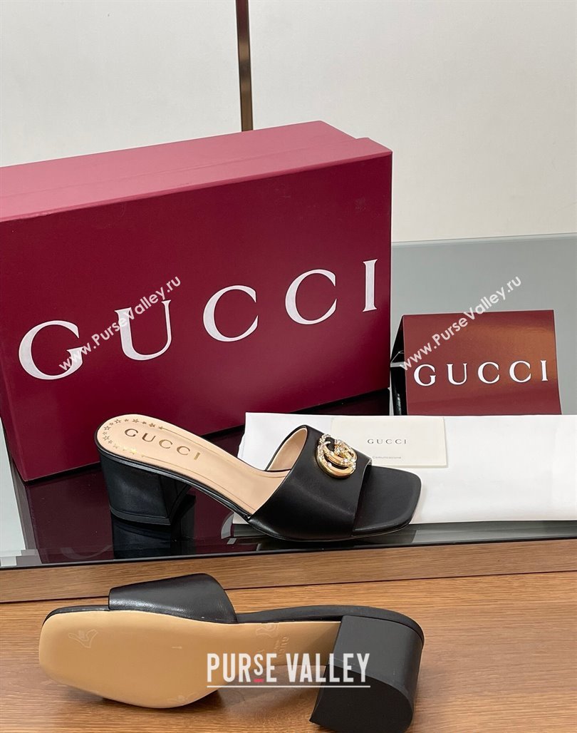 Gucci Leather Heel Slides Sandal 5.5cm with Strass Double G Black 2025 817257 (MD-250423027)