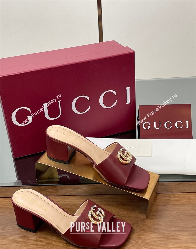 Gucci Leather Heel Slides Sandal 5.5cm with Strass Double G Burgundy 2025 817257 (MD-250423028)