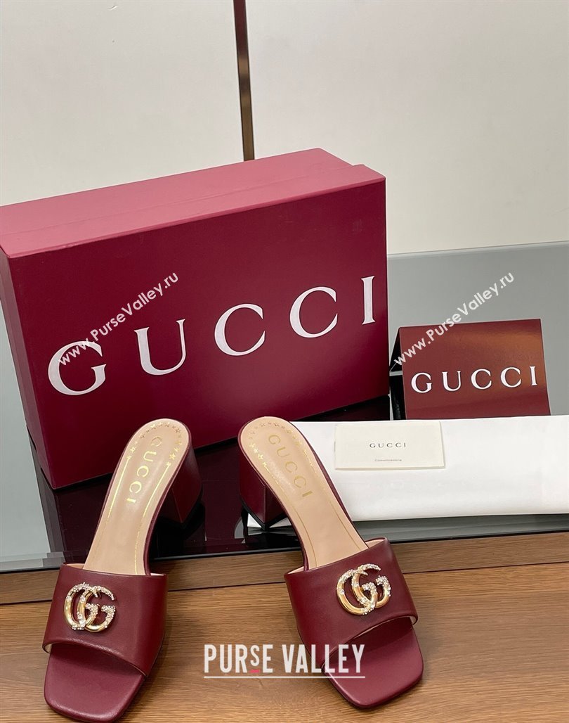 Gucci Leather Heel Slides Sandal 5.5cm with Strass Double G Burgundy 2025 817257 (MD-250423028)