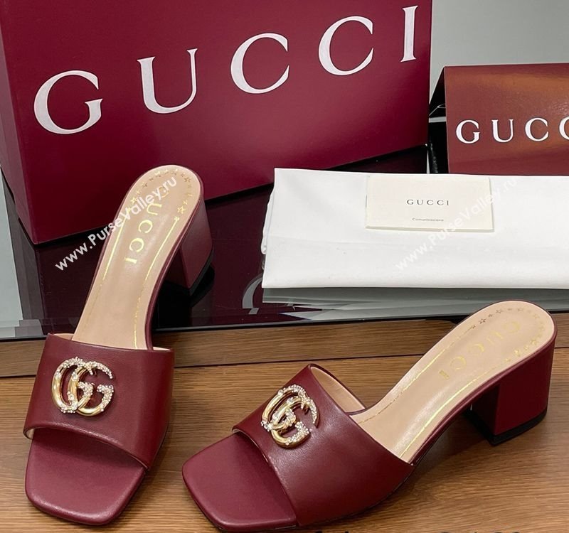 Gucci Leather Heel Slides Sandal 5.5cm with Strass Double G Burgundy 2025 817257 (MD-250423028)