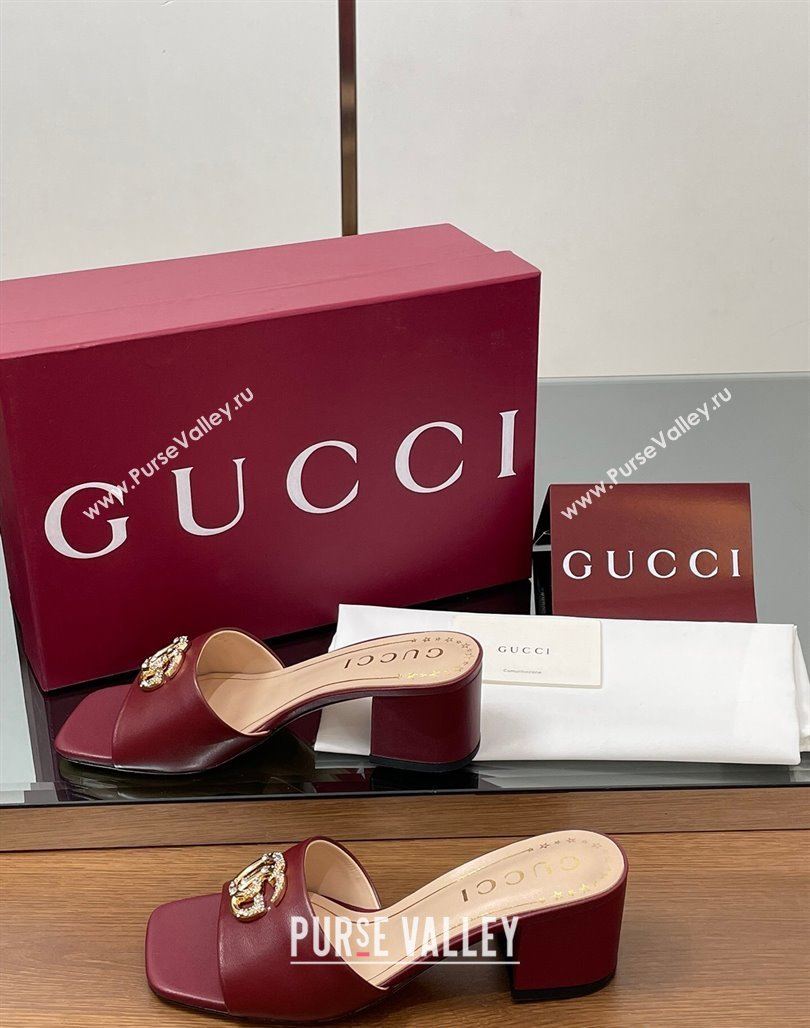 Gucci Leather Heel Slides Sandal 5.5cm with Strass Double G Burgundy 2025 817257 (MD-250423028)
