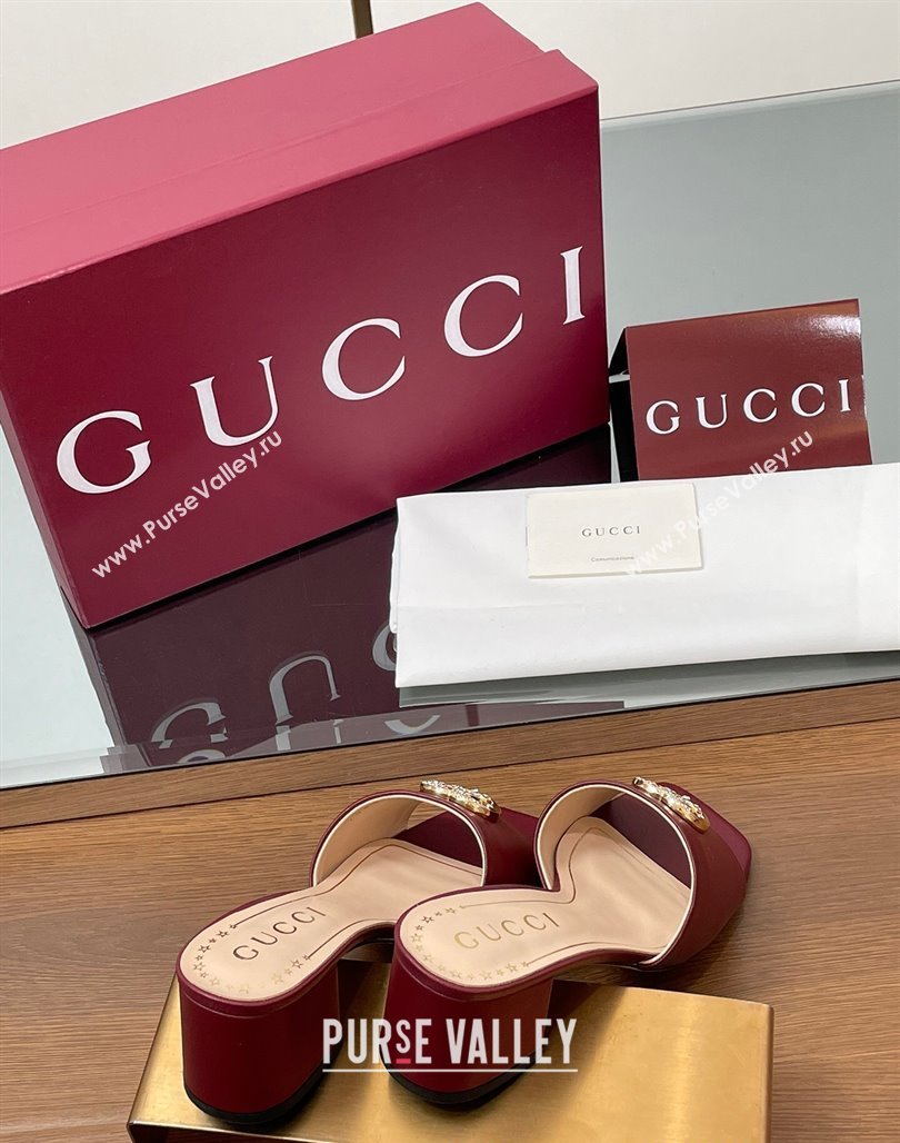 Gucci Leather Heel Slides Sandal 5.5cm with Strass Double G Burgundy 2025 817257 (MD-250423028)