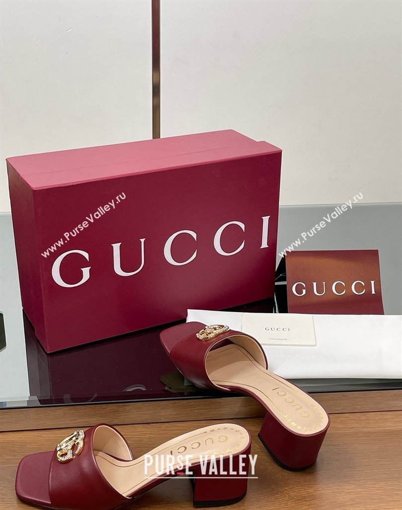Gucci Leather Heel Slides Sandal 5.5cm with Strass Double G Burgundy 2025 817257 (MD-250423028)