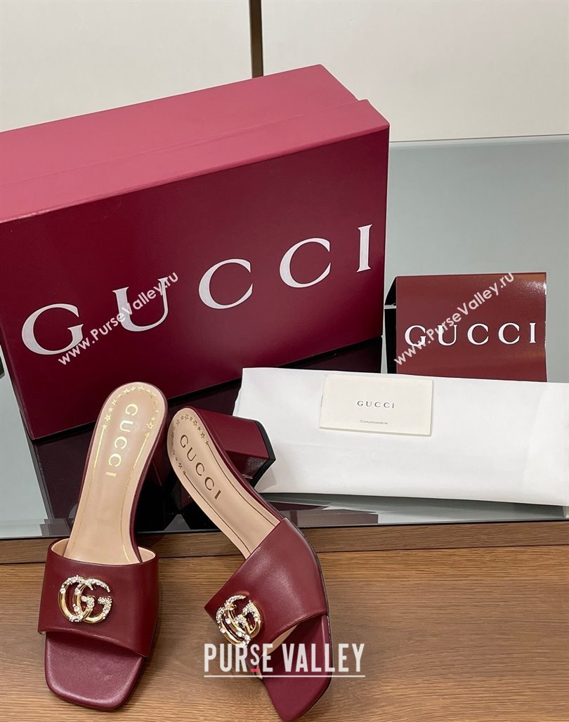 Gucci Leather Heel Slides Sandal 5.5cm with Strass Double G Burgundy 2025 817257 (MD-250423028)
