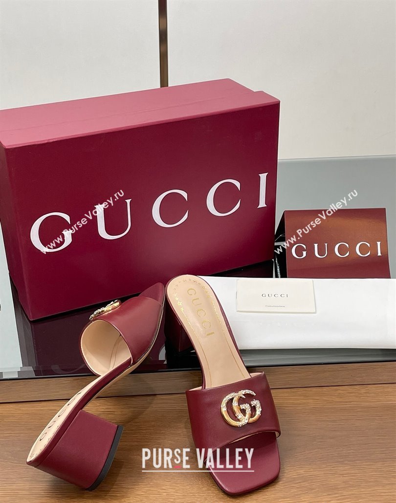Gucci Leather Heel Slides Sandal 5.5cm with Strass Double G Burgundy 2025 817257 (MD-250423028)