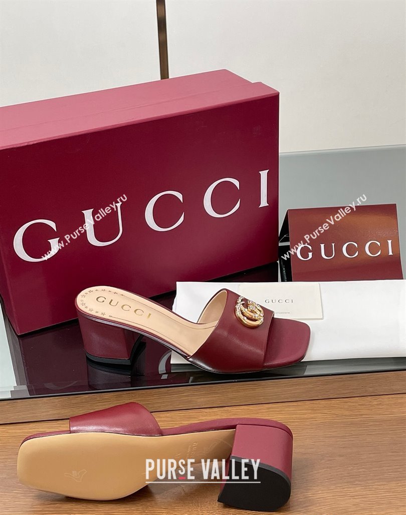 Gucci Leather Heel Slides Sandal 5.5cm with Strass Double G Burgundy 2025 817257 (MD-250423028)