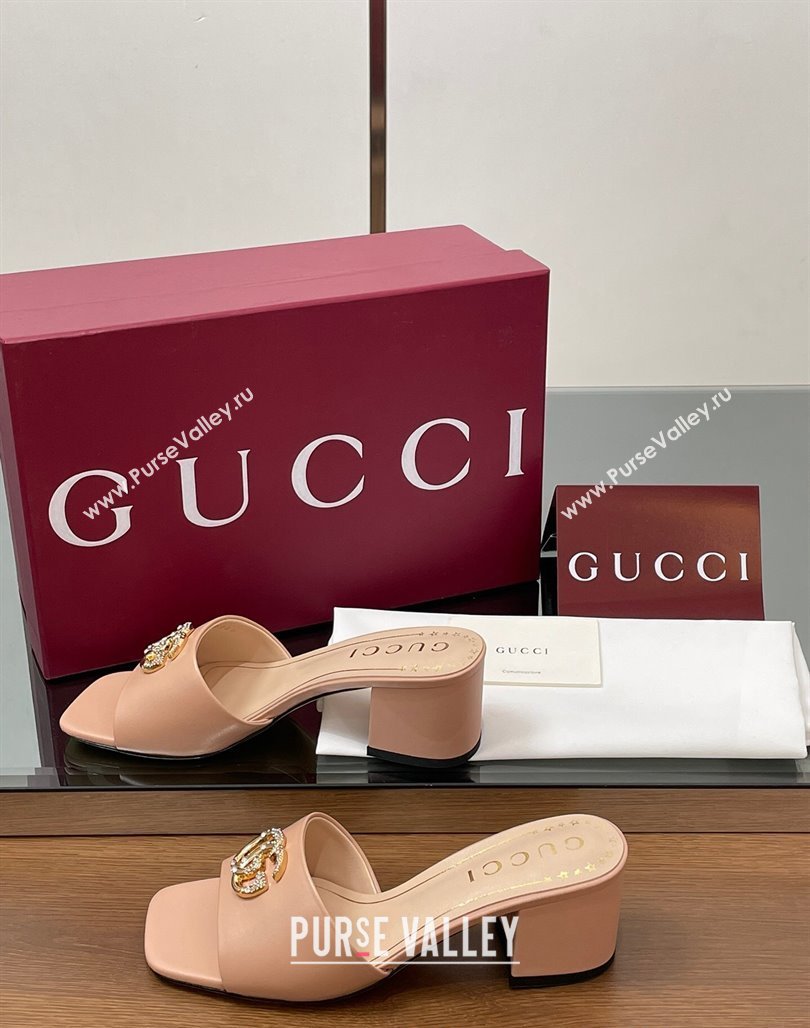 Gucci Leather Heel Slides Sandal 5.5cm with Strass Double G Light Pink 2025 817257 (MD-250423029)
